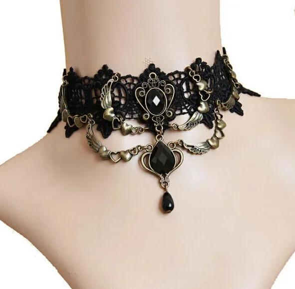 Gothic Victorian Choker for Women Black Lace Necklace Women Girl Boho Crystal Tassel Sexy Lace Choker Loli Style Halloween Jewel