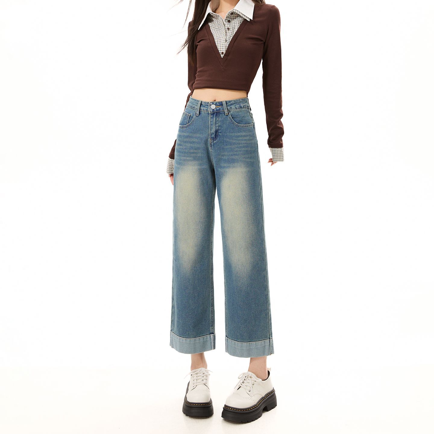 Spring Summer Cuffed Stretch Straight Petite Slim Narrow Wide Eight Nine Points Denim Pants For Women Casual Pants Oversize Denim Trousers XS