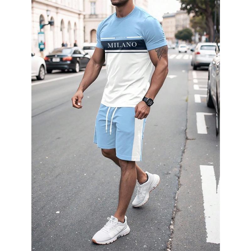 Summer Men's Stripe Letter Print Short Sleeve Top Shorts 2 Pieces Set Oversized Loose Round Neck T-shirt Man Drawstring Shorts