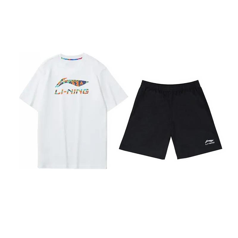 Li-Ning Letter Logo Printed Fashion Comfortable Breathable Round Neck Pullover Short Sleeve T-Shirt Casual Sports Suit Unisex Tops AHSUA19-1+YKSV147-2