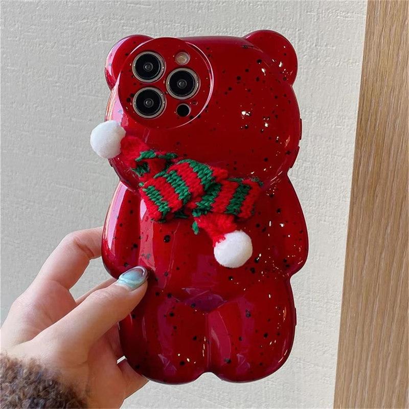 Cute Cartoon Christmas Scarf 3D Splashing Ink Bear Phone Case For iPhone 16 15 14 13 12 11 Pro Max Lovely Gift Back Cover Funda