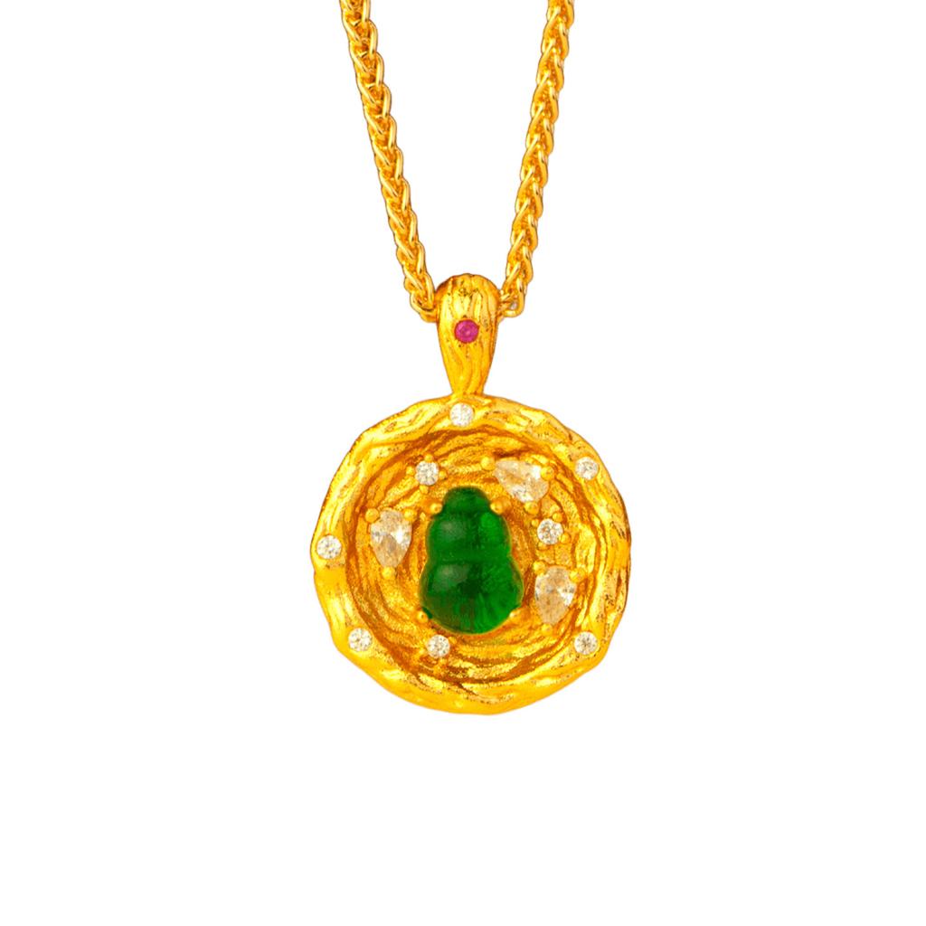 Women Diamond Wealth Basin Green Stone Gourd Gold Pendant 24K Pure Gold AU999 Protective Luck