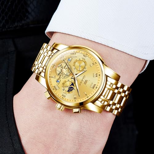 OLEVS Men's Stylish Chronograph Watch, Popular Brand for Business, Large, Easy-to-Read Analog, Waterproof Quartz Movement, Gold