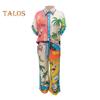 2 Pcs/Set Women Shirt Pants Set Hawaii Vacation Style Colorful Print Single-breasted Short Sleeve Lapel Top High Elastic Waist Wide Leg Trousers