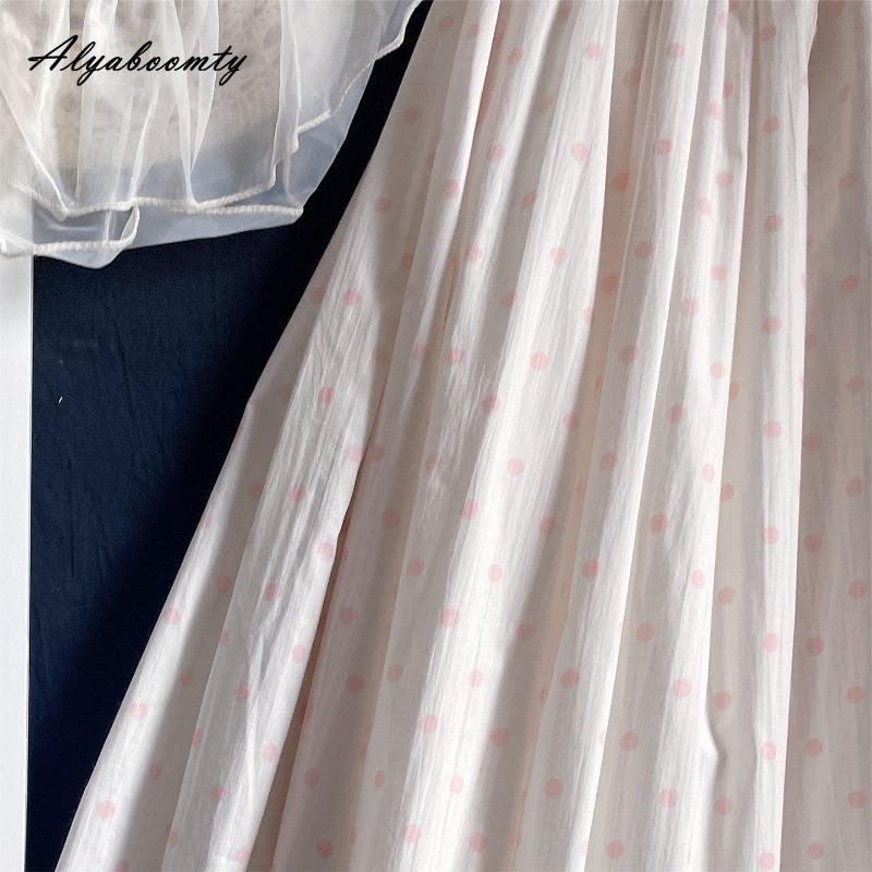 Korean Style Summer Spring Women Cotton Midi Skirt High Waist Polka Dot Contrast Color Sweet Skirt Elegant Feminine Basic Ladies' Skirt