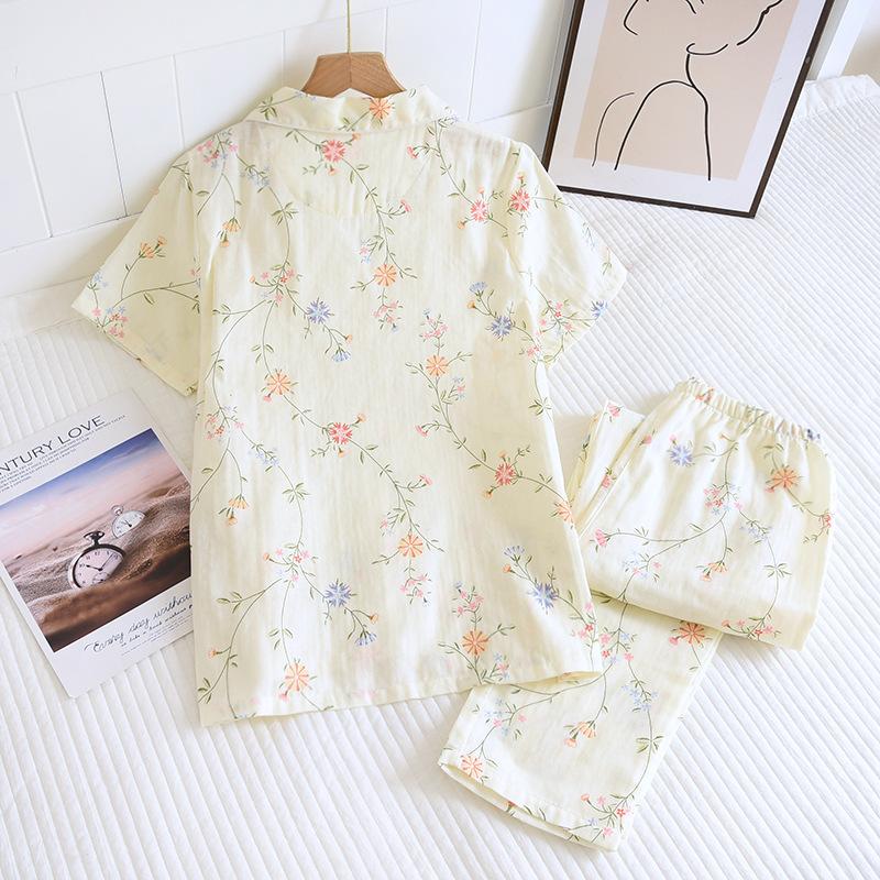 Cotton pajamas women, spring and summer flower gauze short-sleeved trousers set, double-layer gauze simple loungewear