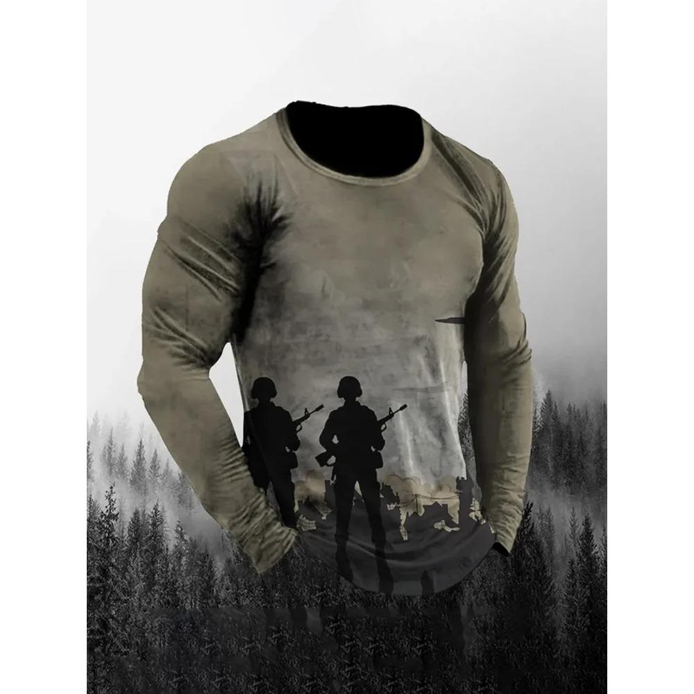 Herbst/Winter Herren Langarm Rundhals T-Shirt 3D Militärdruck Herren Langarm T-Shirt Veteranen Herren Mode T-Shirt