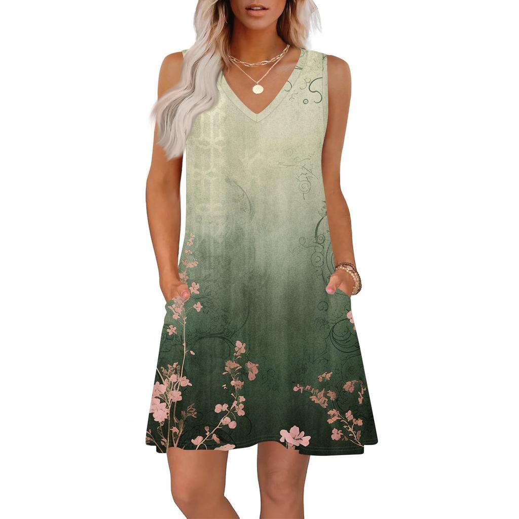 Women's Summer Dresses Loose Fit Printed V Neck Sleeveless Sundresses Beach Hawaiian Dress With Pockets