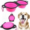 Collapsible Dog Bowls, Portable Travel Pet Feeder Bowl, 2 in 1 Expandable Silicone Pet Food & Water Double Bowl, Cat Feeder Dish with Carabiner for