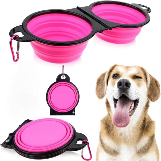 Collapsible Dog Bowls, Portable Travel Pet Feeder Bowl, 2 in 1 Expandable Silicone Pet Food & Water Double Bowl, Cat Feeder Dish with Carabiner for