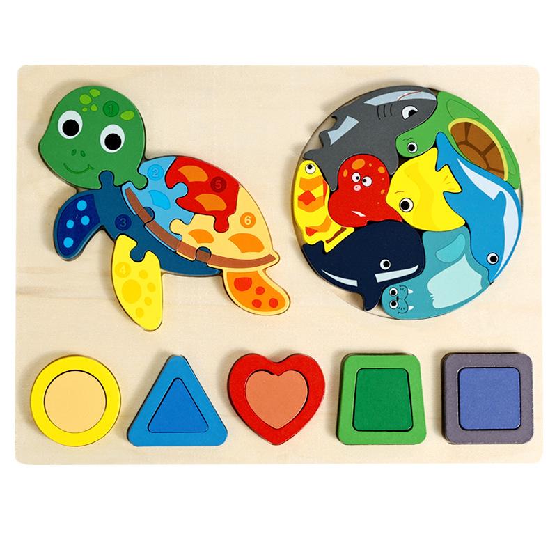 Cpc Drei-in-Eins Dreidimensionales Puzzle, Kinder Früherziehung Geometrische Form Tiererkennung Puzzle Holzspielzeug