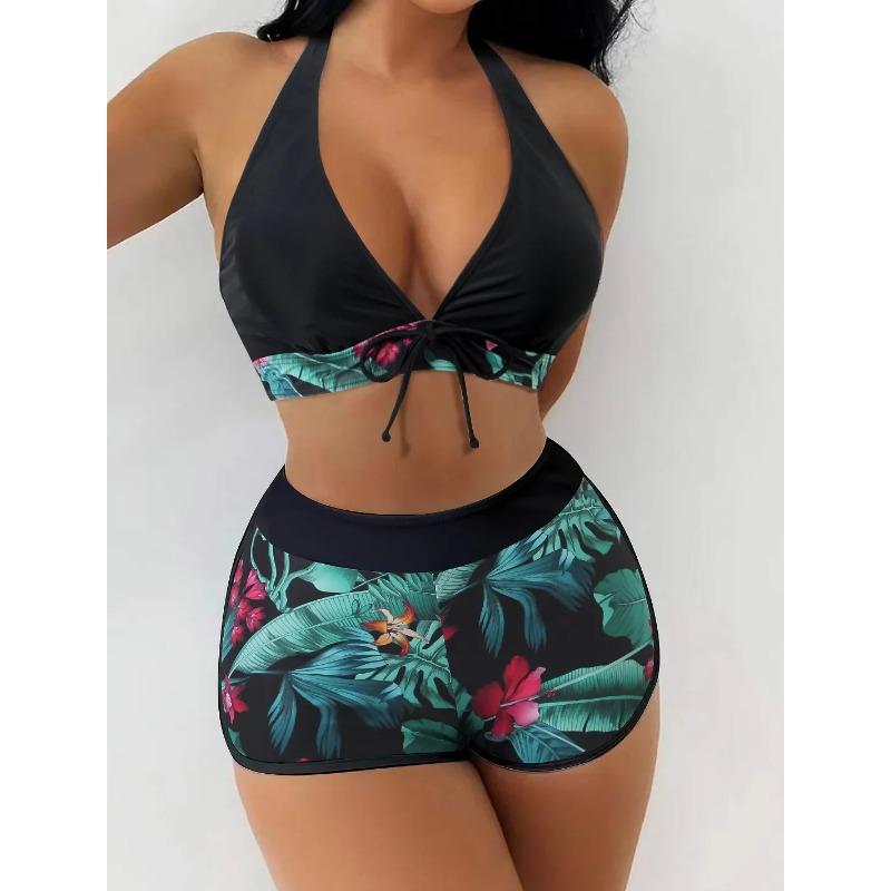 Fashion Printed Swimsuit Women Spliced Lace Up Sporty Surfing Bikini Set Bathing Suit Beachwear Swimwear Female Swimming Suits