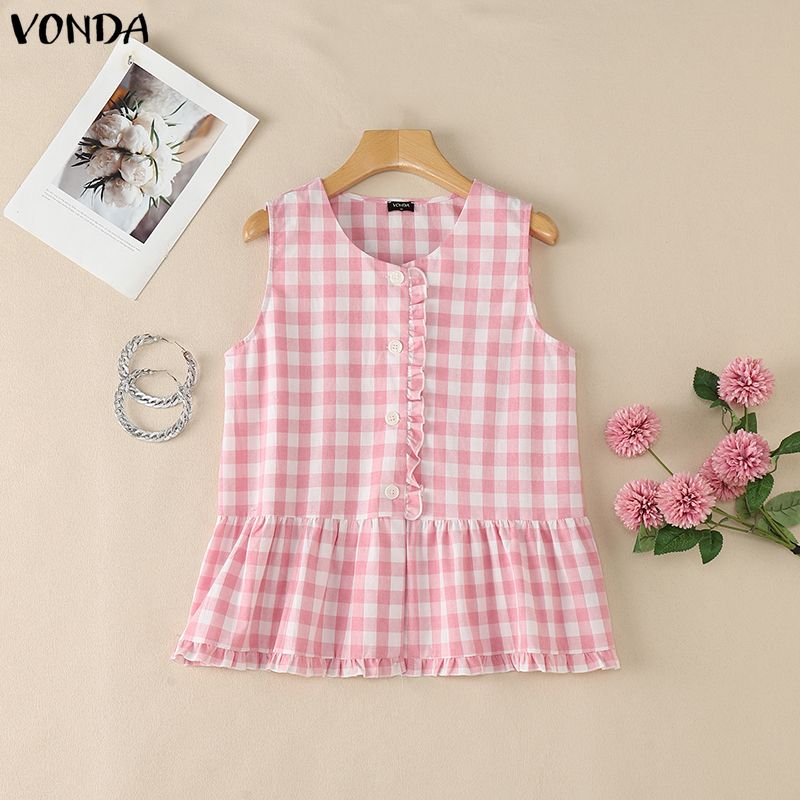 VONDA Summer Women Casual Round Neck Sleeveless Plaid Print Tank Tops M розовый