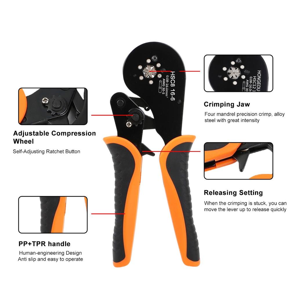 HSC8 16-6 Self-Adjusting Crimping Pliers for VE Tube and Pin Terminals, Purple Copper/Brass, 0.08-16mm.