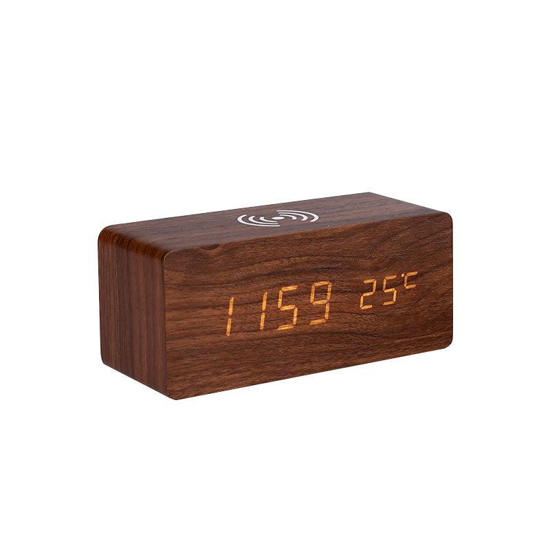 Wireless LED Wood Clock: Digital Alarm with Thermometer, Calendar & Charging Function