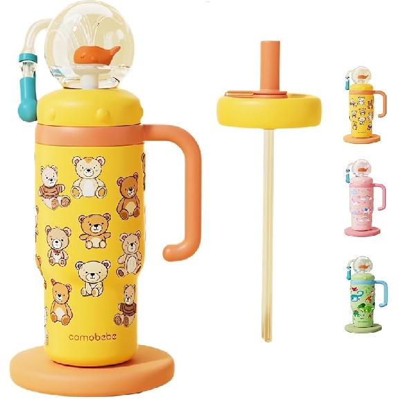 Stainless Steel Whale Fountain Tumbler with Handle, Drinking Cup with Whale Squirt, 24oz Whale Water Bottle Two Silicone Soft Tip, Leak-Proof Whale C-Yellow