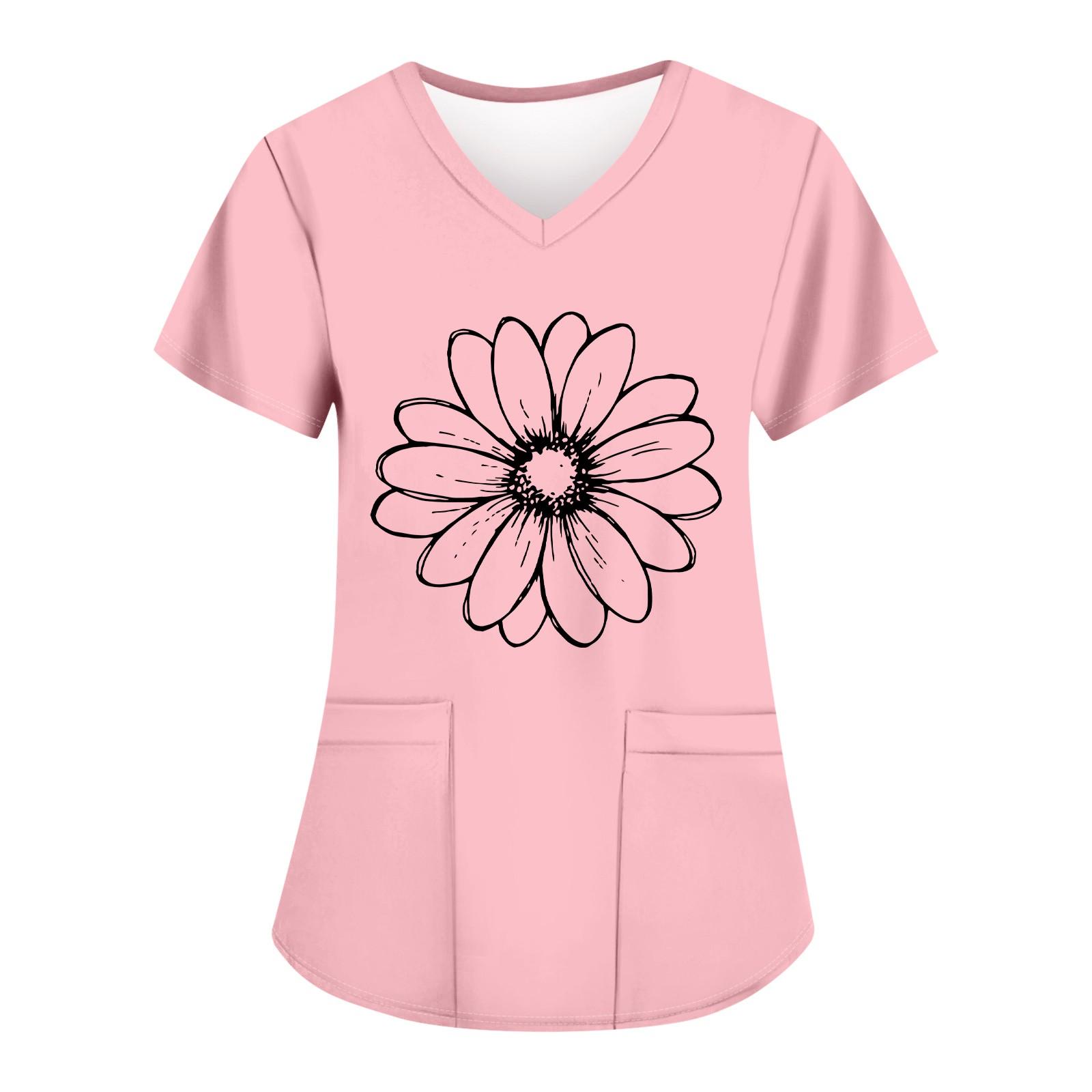 

Женские модные топы с короткими рукавами и V-образным вырезом с принтом, рабочие футболки с карманами L розовый