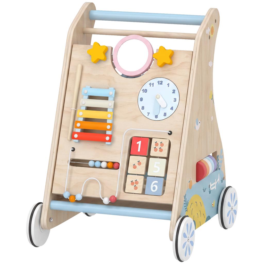 Wooden Baby Walker Detachable Double-Sided Board Wheels Natural