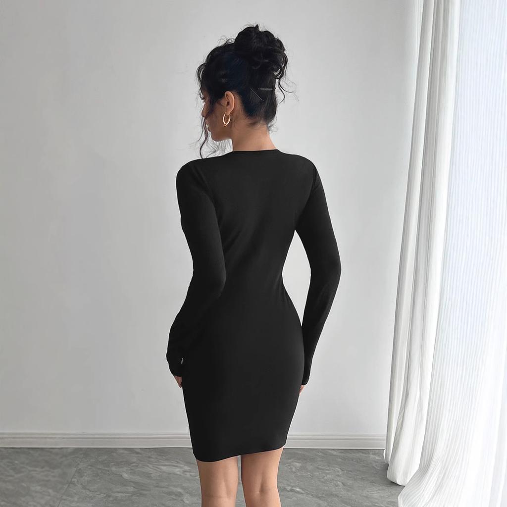 Spring Autumn Women Solid Color Mesh Patchwork Chest Design Long Sleeve Slim Fit Dress Mature Style French Retro Slim Sexy Elegant Women Maxi Dress