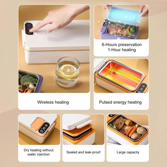 Elektryczne Podgrzewane Pudełko na Lunch Bezprzewodowe Izolowane Pojemnik na Lunch Akumulatorowe Przenośne Pudełko Bento 1L Pojemnik ze Stali Nierdzewnej Szczelny Podgrzewacz do Jedzenia