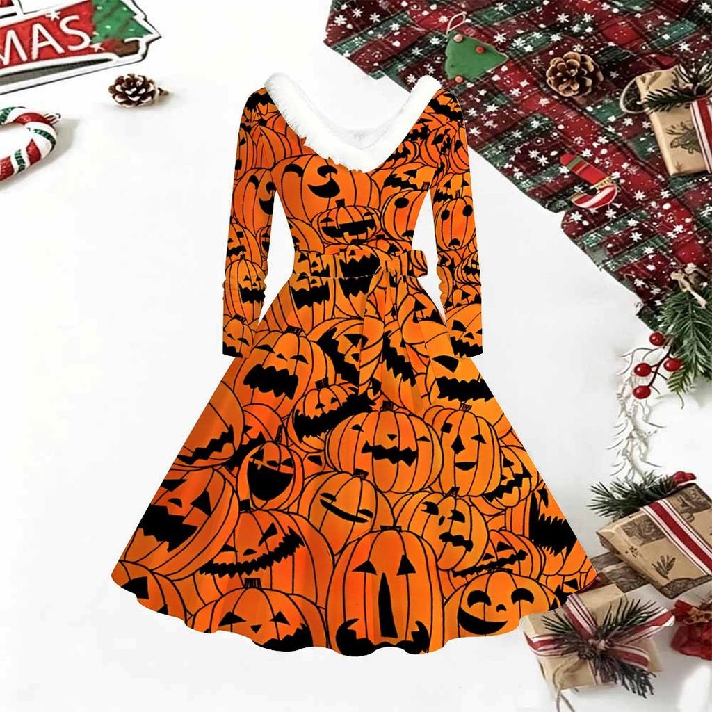 Women Halloween Pumpkin Print Midi Dress, Long Sleeve V‑Neck Furry Trim A‑Line Party Dress, Christmas Limited Edition