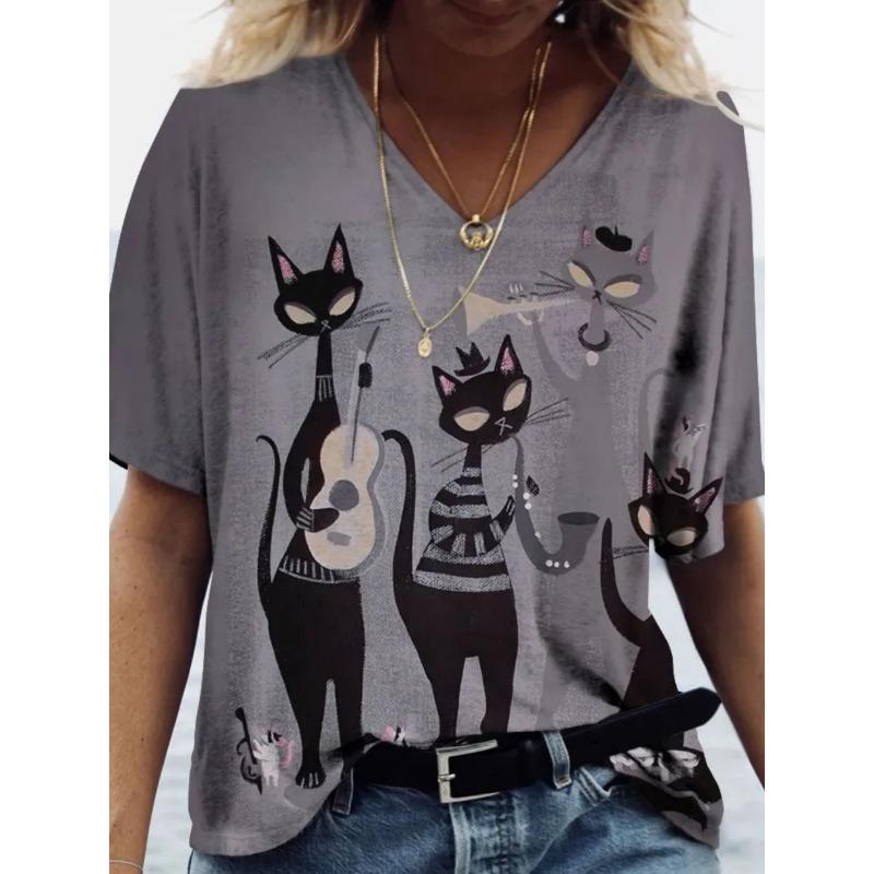 Women's V-neck Short-sleeved T-shirt with Cute Kitten Print