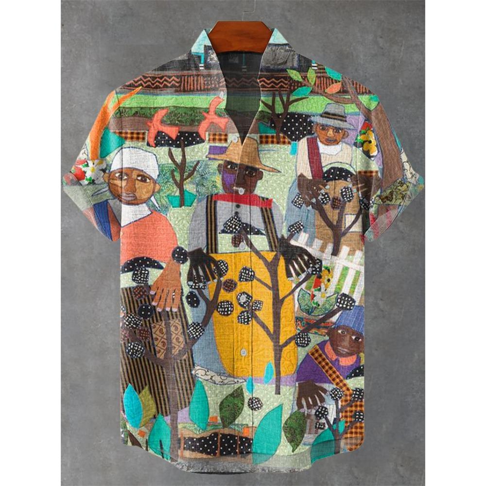 Nuova Camicia da Uomo a Maniche Corte Stile Etnico Vintage Stampa Artistica di Pavone Geometrica 3D Camicia Casual in Lino