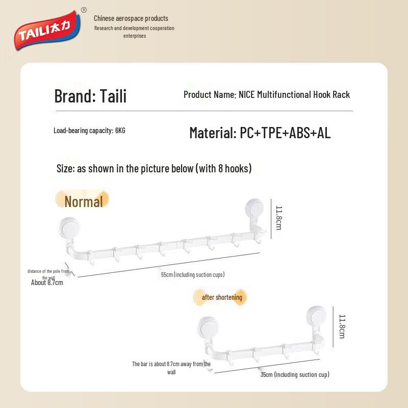 Taile Ścienny Stojak do Przechowywania z Przyssawkami i 8 Haczykami