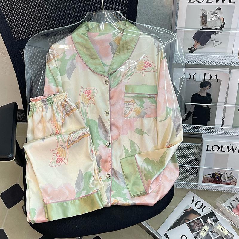 High-Value Long-Sleeved Pajamas For Women'S Spring And Summer New Small Fresh Lotus Flower Silky Loungewear Set, Real Shot
