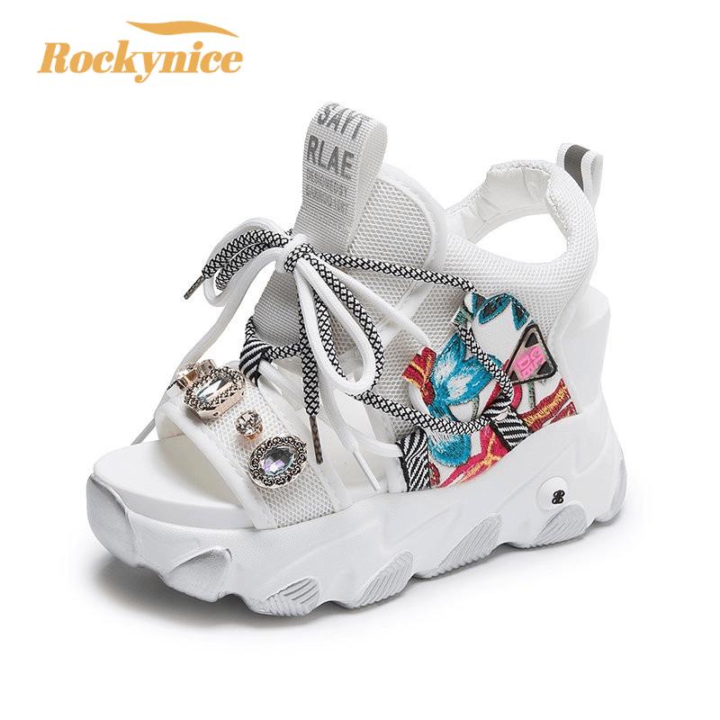 

Летние женские сандалии на платформе, туфли на массивной танкетке для женщин, дизайнерский бренд, спортивный кэжуал, модные, высота 8 см, сандалии-гладиаторы 34 белый