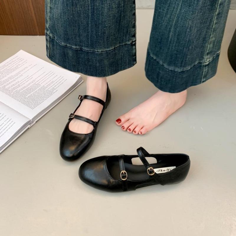 Flat-bottomed double-buckle Mary Jane shoes women's autumn new round-headed grandma shoes student solid-color casual shoes