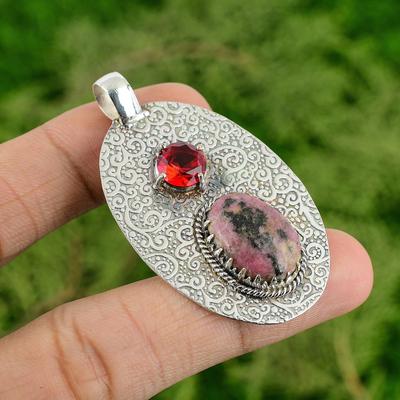 Argent 925 Pierre Rhodonite Ovale Grenat du Mozambique Lunette Chakra du Cœur Nouveau Pendentif