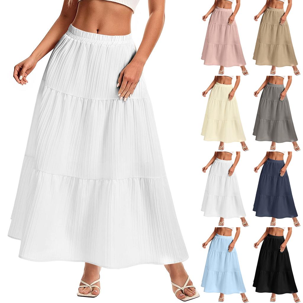 Women's High Waist Pleated Maxi Skirt Elastic Waistband Flowy Lightweight Long Skirt Tiered A Line Design Suitable for Casual and Daily Wear