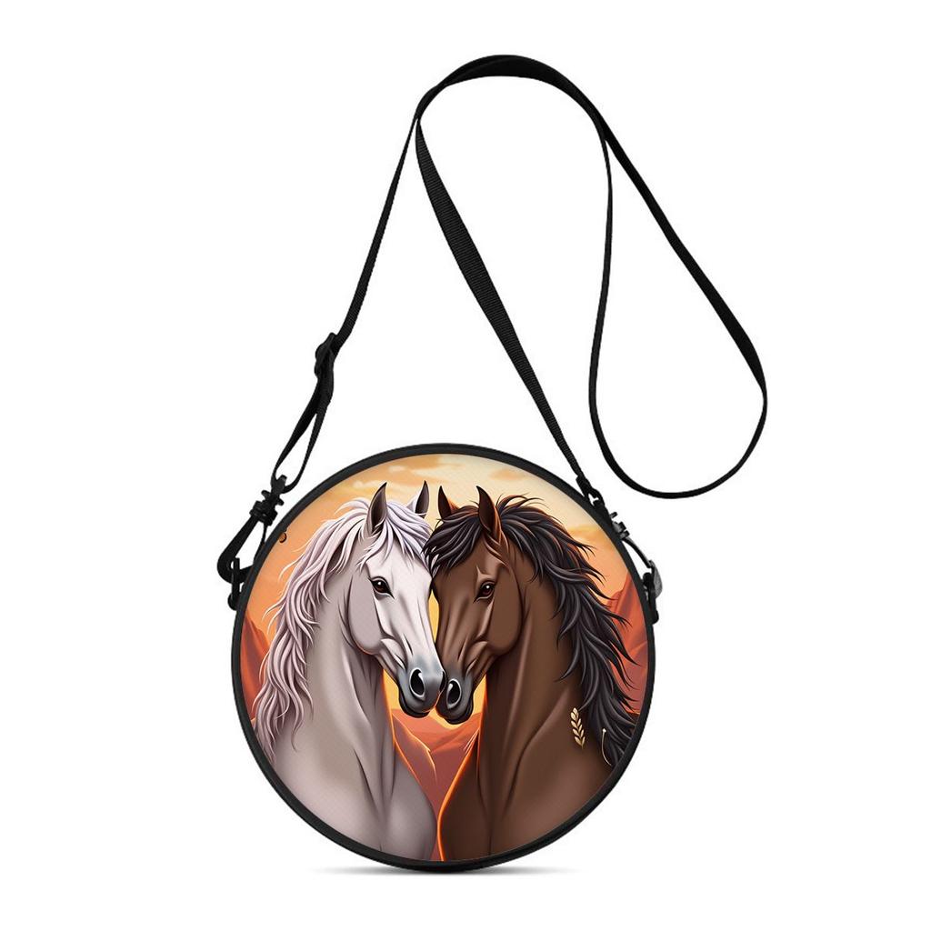 Horse Print Round Shoulder Bag Casual Messenger Bag for Woman Best Gifts 2D Flat Casual Daily Crossbody Bag