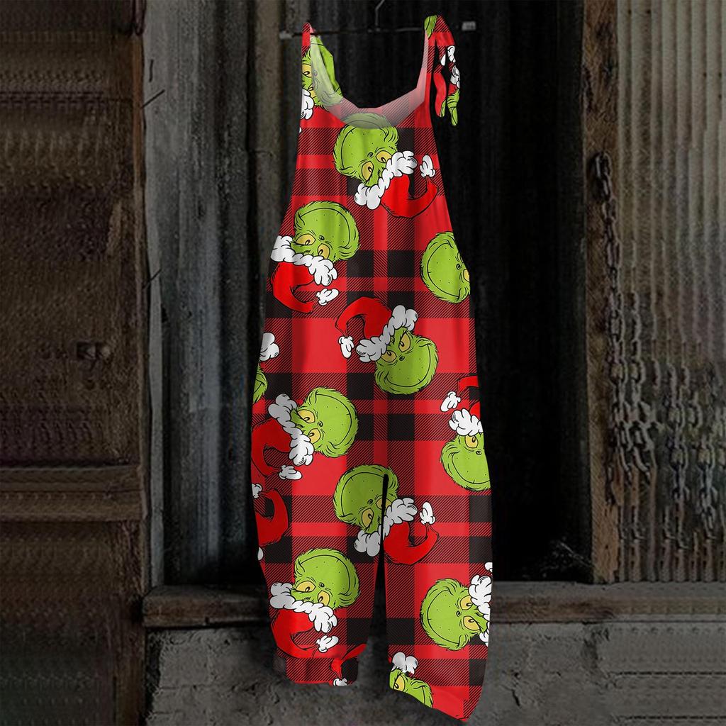 Damski kombinezon z nadrukiem Halloweenowym, casualowy, luźny, vintage, na ramiączkach, bawełniano-lniany