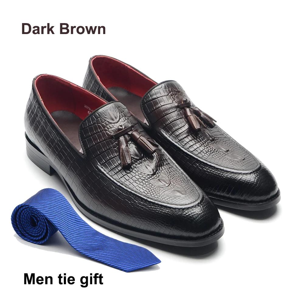 

Classy Mens Dress Tassel Loafers Cow Genuine Leather Black Brown Crocodile Print Slip-on Wedding Party Formal Shoes for Men 46