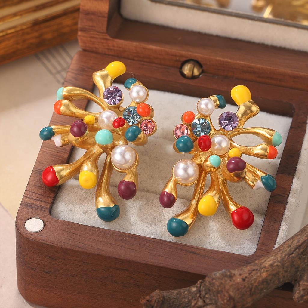 Exquisite Fireworks Modeling Stud Earrings Sparkling Colorful Rhinestone Oil Drop Earring Women Elegant Everyday Party Jewelry
