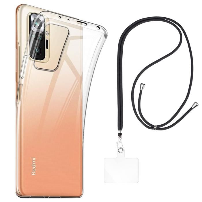 Coque et tour de cou pour Xiaomi REDMI NOTE 10 PRO - TPU Souple Transparent Cordon Noir réglable Phonillico®