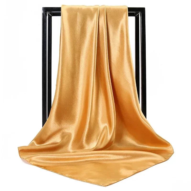 90X90 Satin Silk Scarf Hijab Solid Women Shiny Square Wrap Shawl Head Neck Cover Plain Hair Tie Band Beach Hijab Female Foulard