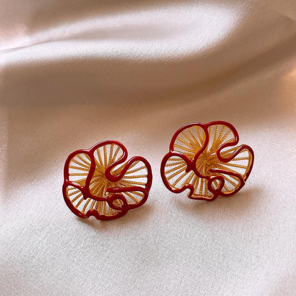 18k real gold electroplated red dripping flower stud earrings cold wind earrings earrings