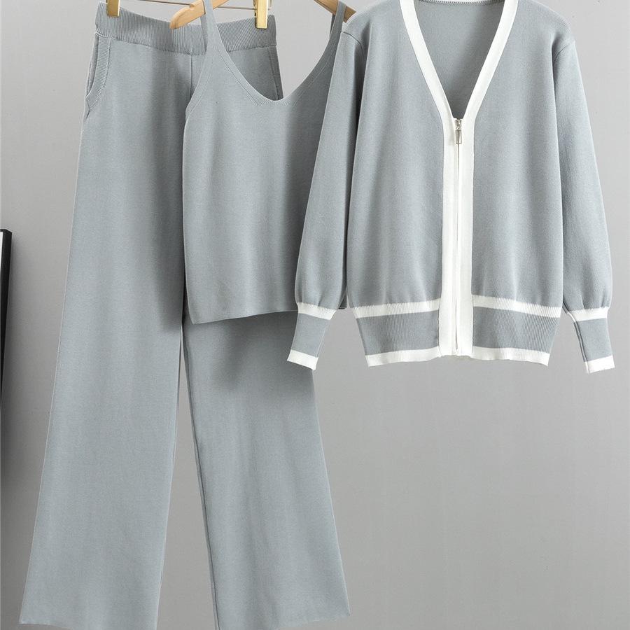 European Trend Women's Three-Piece Set: Knit Cardigan, Camisole, and Wide-Leg Pants