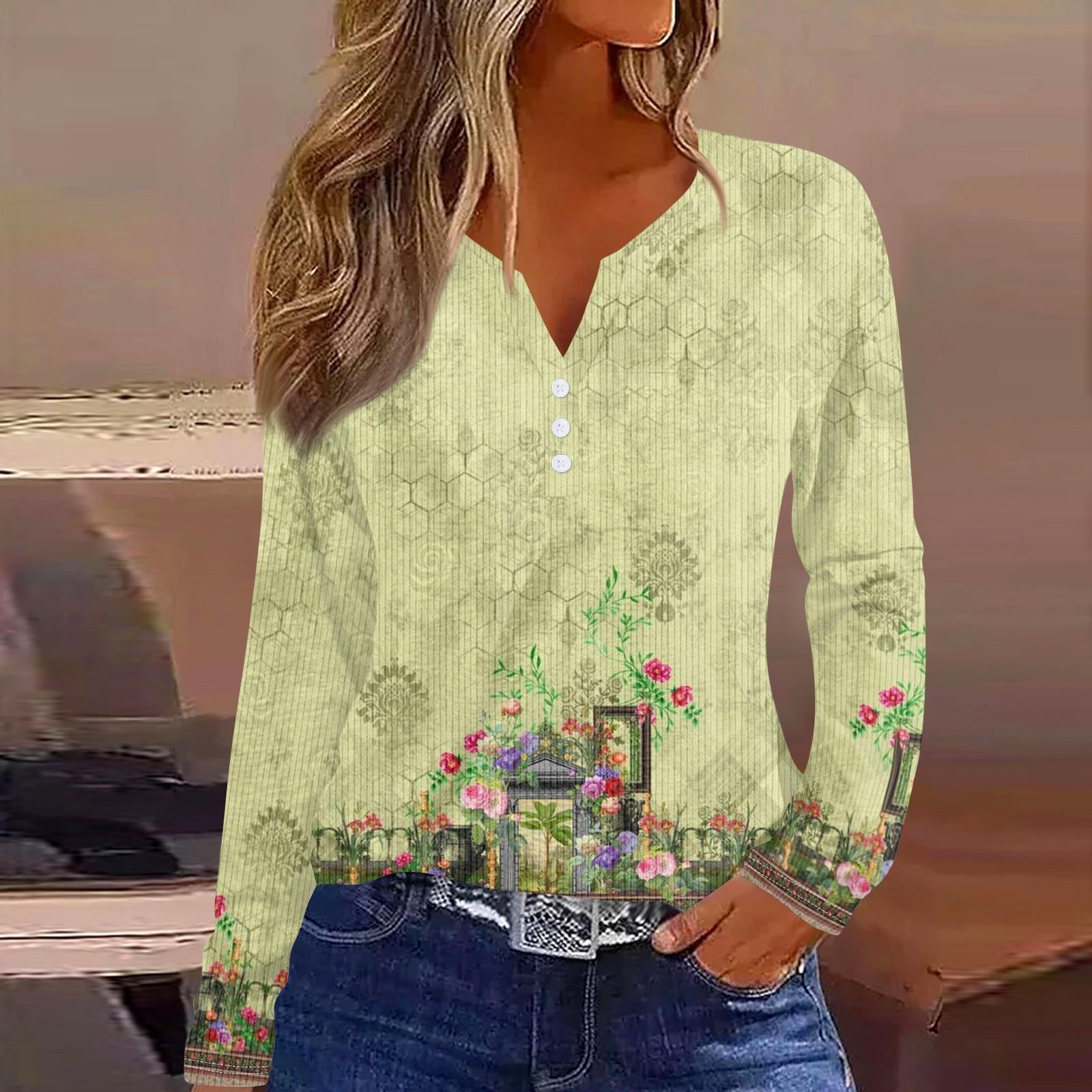 

Женский повседневный топ с длинным рукавом и цветочным принтом, V-образным вырезом XL жёлтый