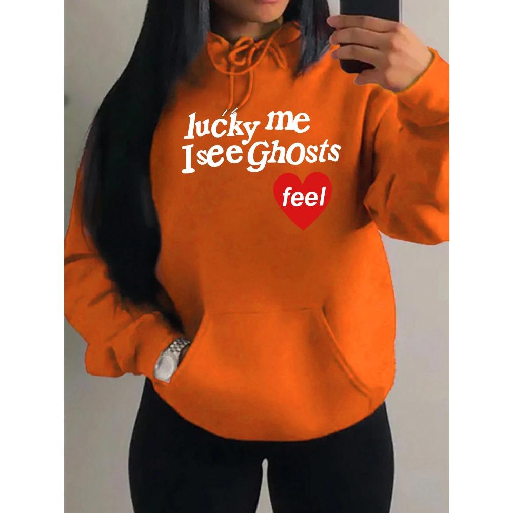 Glücklich ich sehe Geister Kunst Buchstabenmuster Damen Hoodie Herbst Mehrfarbig Hoodies Streetwear Fleece Tasche Kapuzenpullover