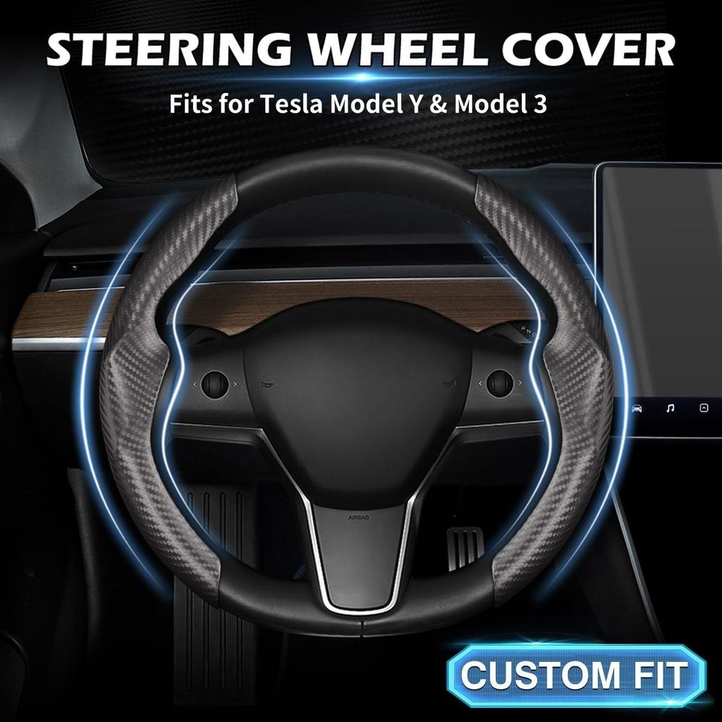Grey Steering Wheel Cover For Tesla Model 3/Y 2016-2025 2026 Juniper/Highland | Non-Slip, Segmented, -Fit, Carbon Fiber | Model Y Juniper Accessories