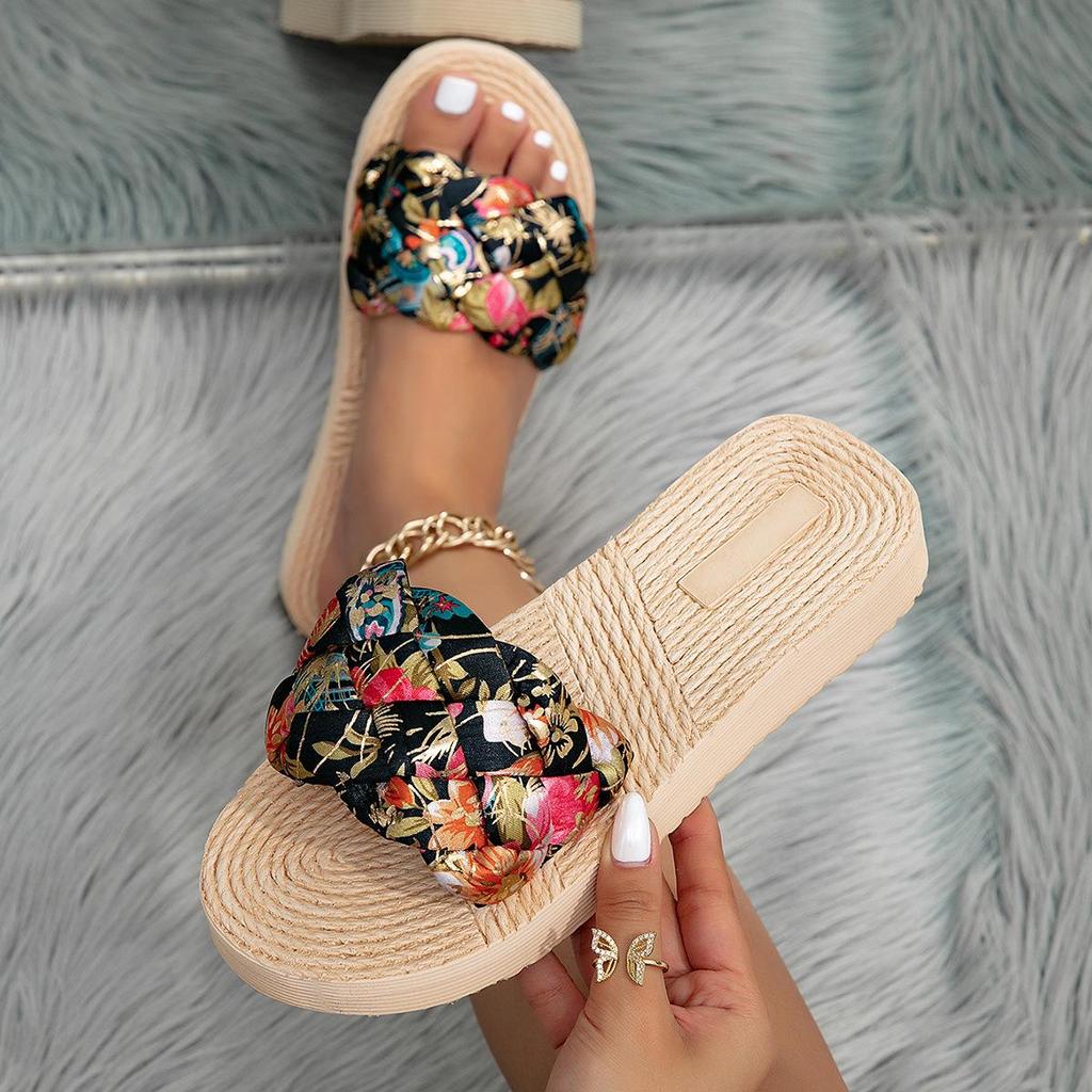 Women's Bohemian Satin Strap Platform Beach Slippers