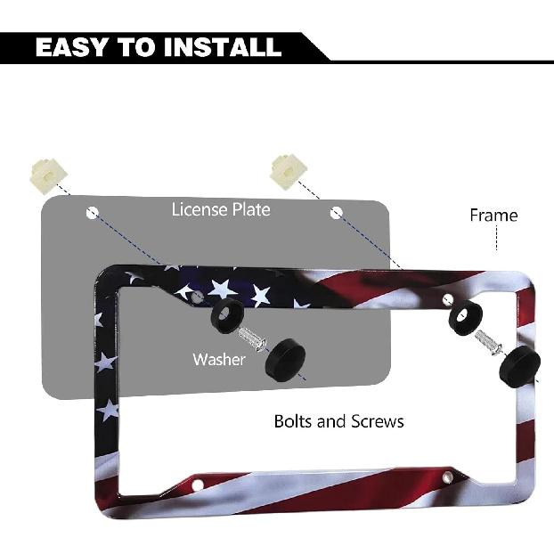 American Flag License Plate Frame Holder - 2 Pack Universal Aluminum Matte Stripe US Flag Gloss Patriotic Car Plate Frame Covers With Free Screws