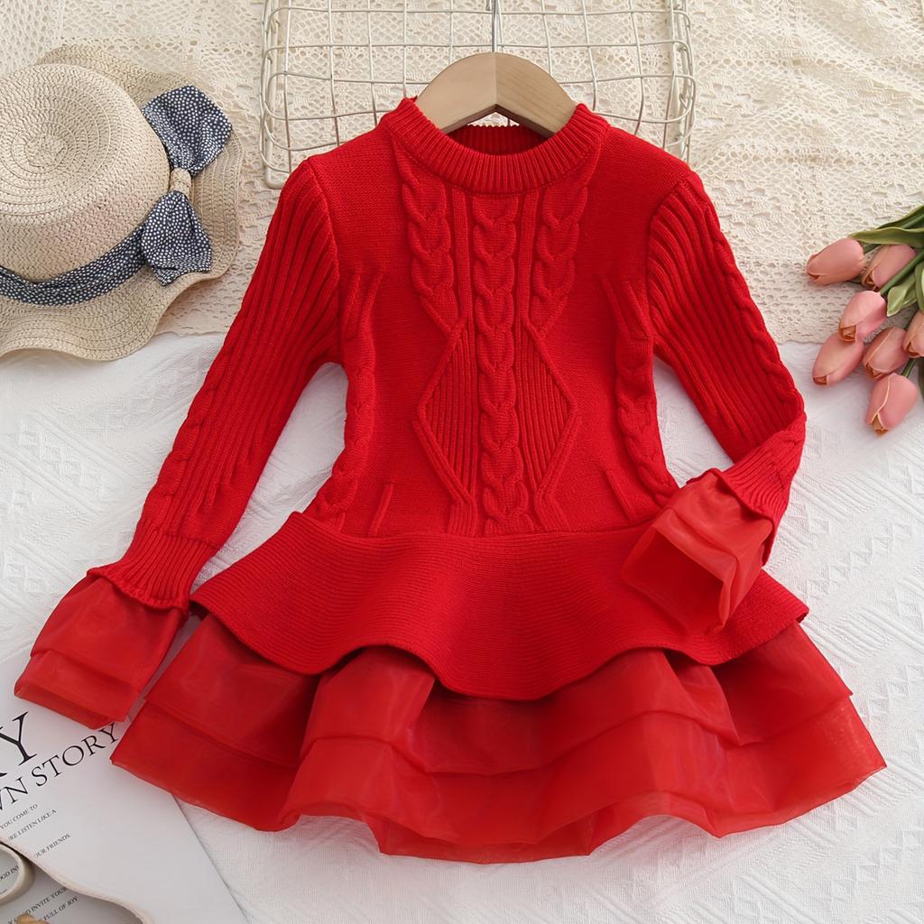 Girls' Fashion Long-Sleeved Shirt Collar Patchwork Tiered Skirt Colour Dress