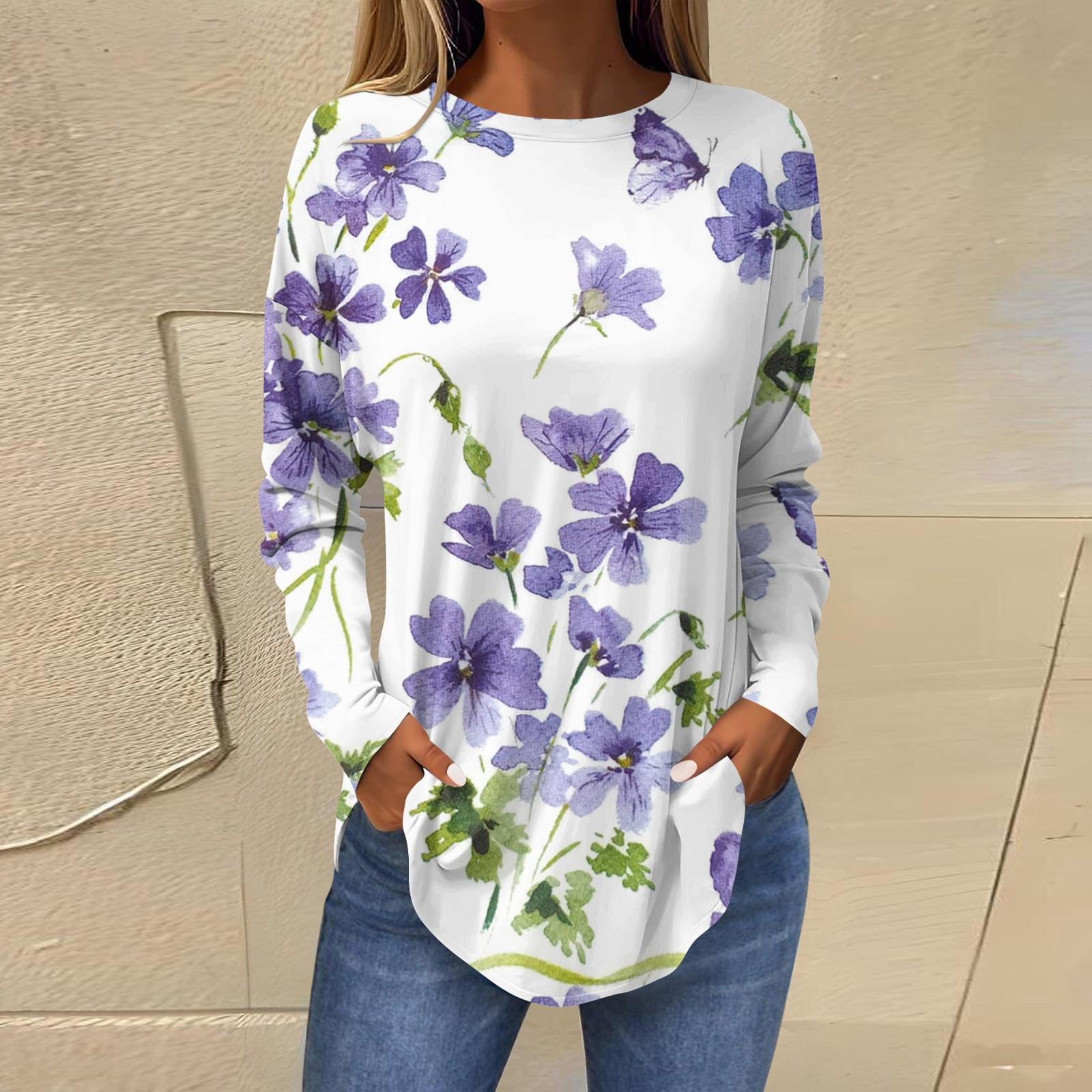 

Футболки для женщин, осенние повседневные рубашки с длинным рукавом, толстовка, винтажный топ с графическим принтом, пуловер XL фиолетовый