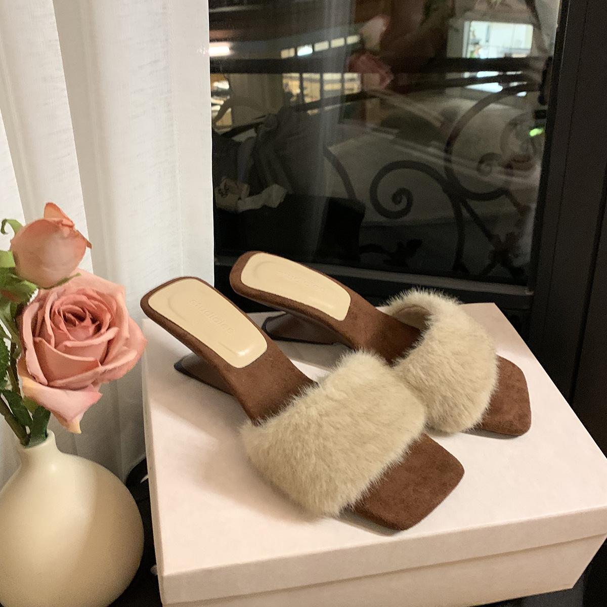 

Wool version~ grape ma height increase 5cm fairy wind word with square head special-shaped wedge heel fluffy slippers female winter wear 40