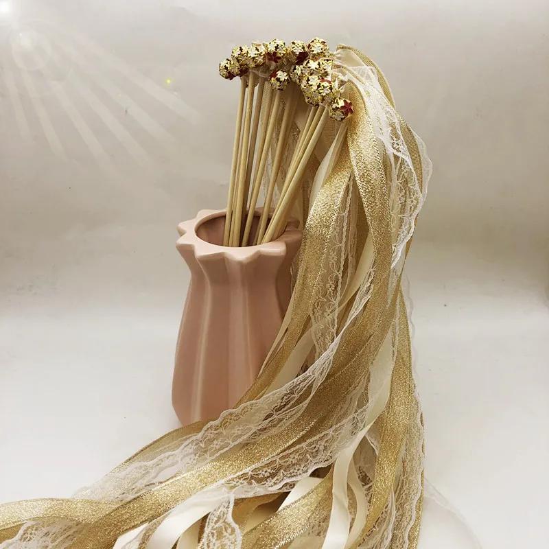 50pcs Satin Ribbon Wedding Wands Fairy Sticks With Gold Bell Pink Purple For Lawn Wedding Party Shower Decor Twirling Streamers